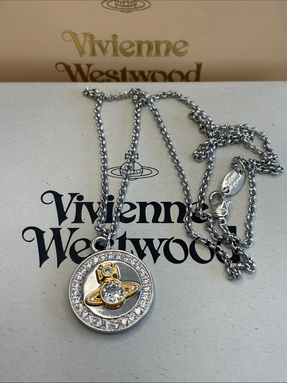 Vivienne Westwood Silver Chain Necklace with Gold Orb and Clear Crystals